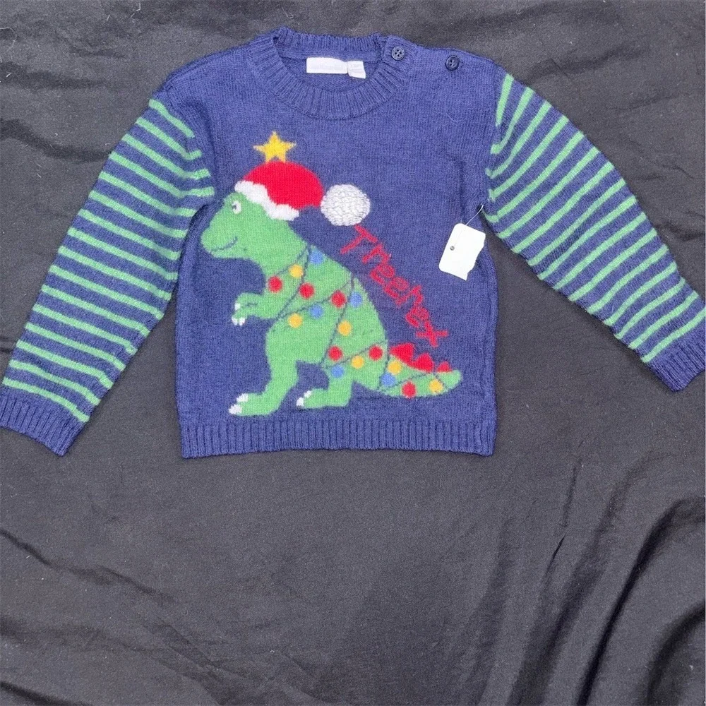 JoJo Maman Bébé Boys Sweater 2T Navy Christmas Dinosaur Trexmas Pullover T-Rex